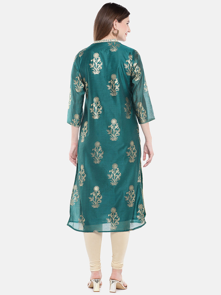 Women Straight Three-Fourth Teal Kurta