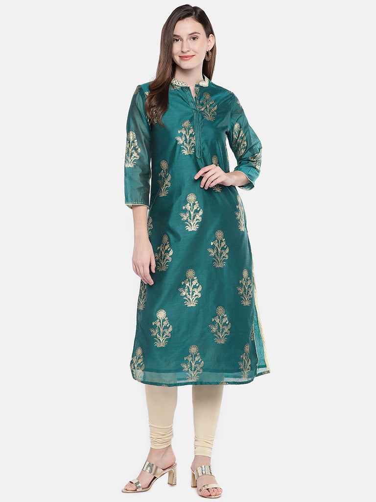 Women Straight Three-Fourth Teal Kurta