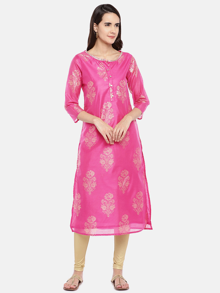 Women Stright Three-Fourth Magenta Kurta
