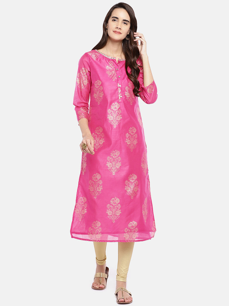 Women Stright Three-Fourth Magenta Kurta