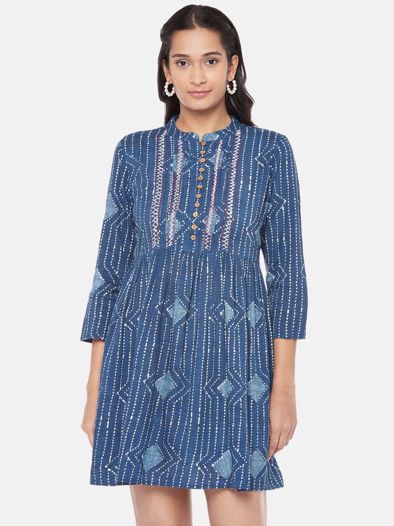 Rayon Slub Three-Fourth Flared Women Indigo Tunic