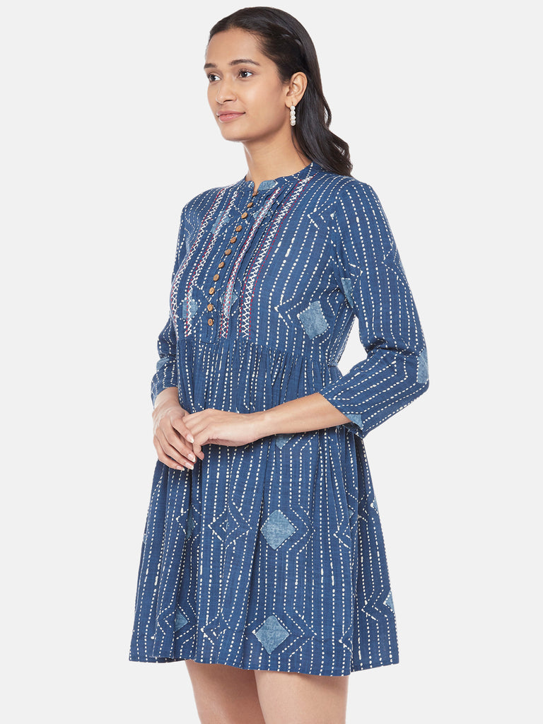 Rayon Slub Three-Fourth Flared Women Indigo Tunic