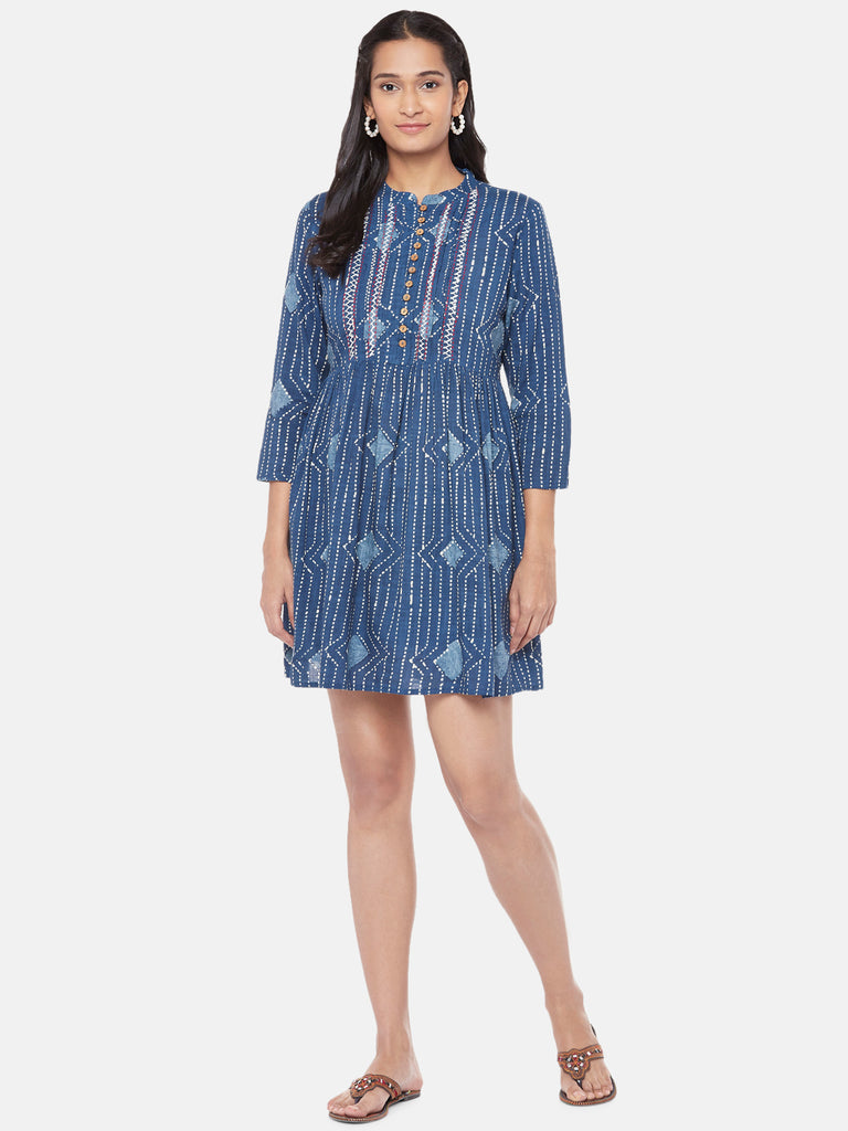 Rayon Slub Three-Fourth Flared Women Indigo Tunic