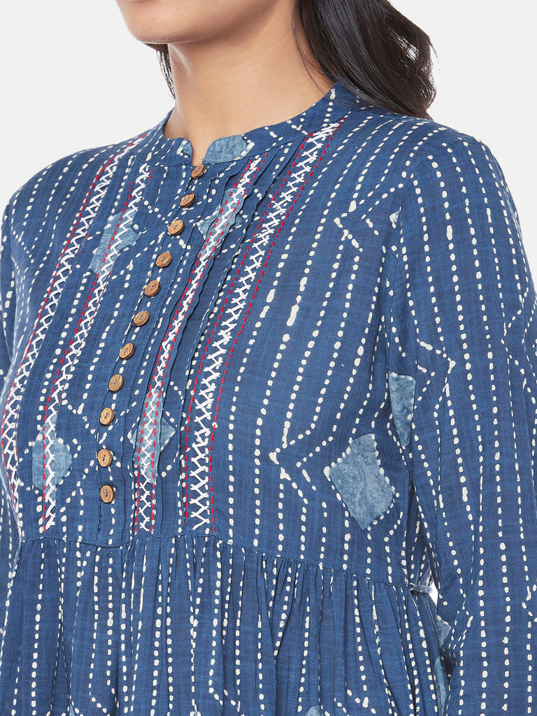 Rayon Slub Three-Fourth Flared Women Indigo Tunic