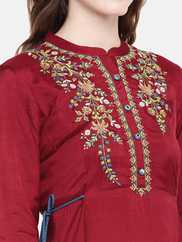 Women Flared Three-Fourth Maroon Kurta