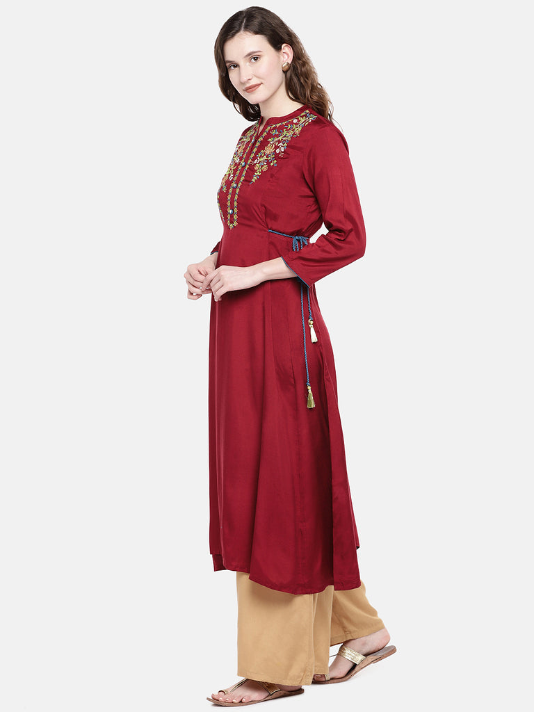 Women Flared Three-Fourth Maroon Kurta