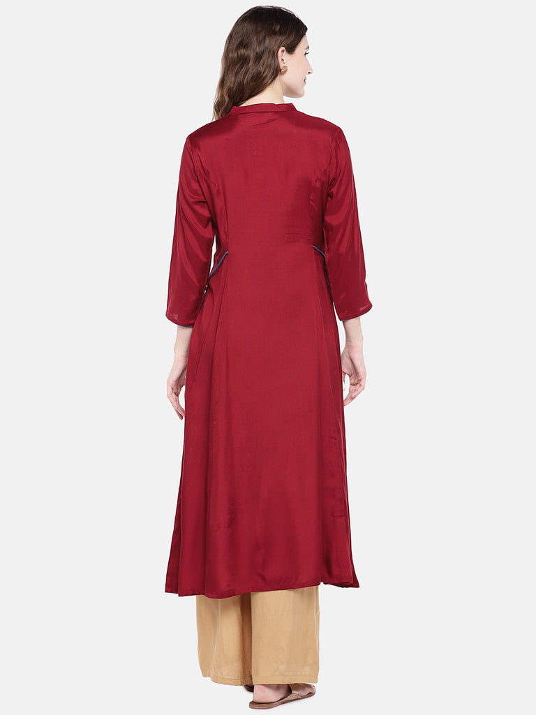 Women Flared Three-Fourth Maroon Kurta