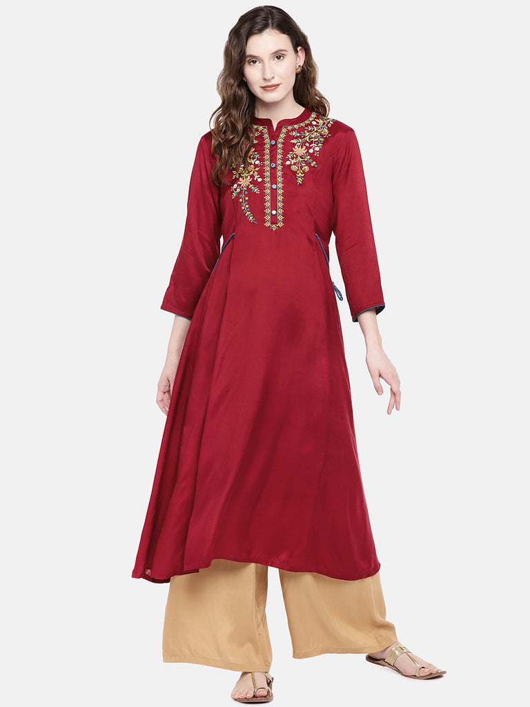 Women Flared Three-Fourth Maroon Kurta