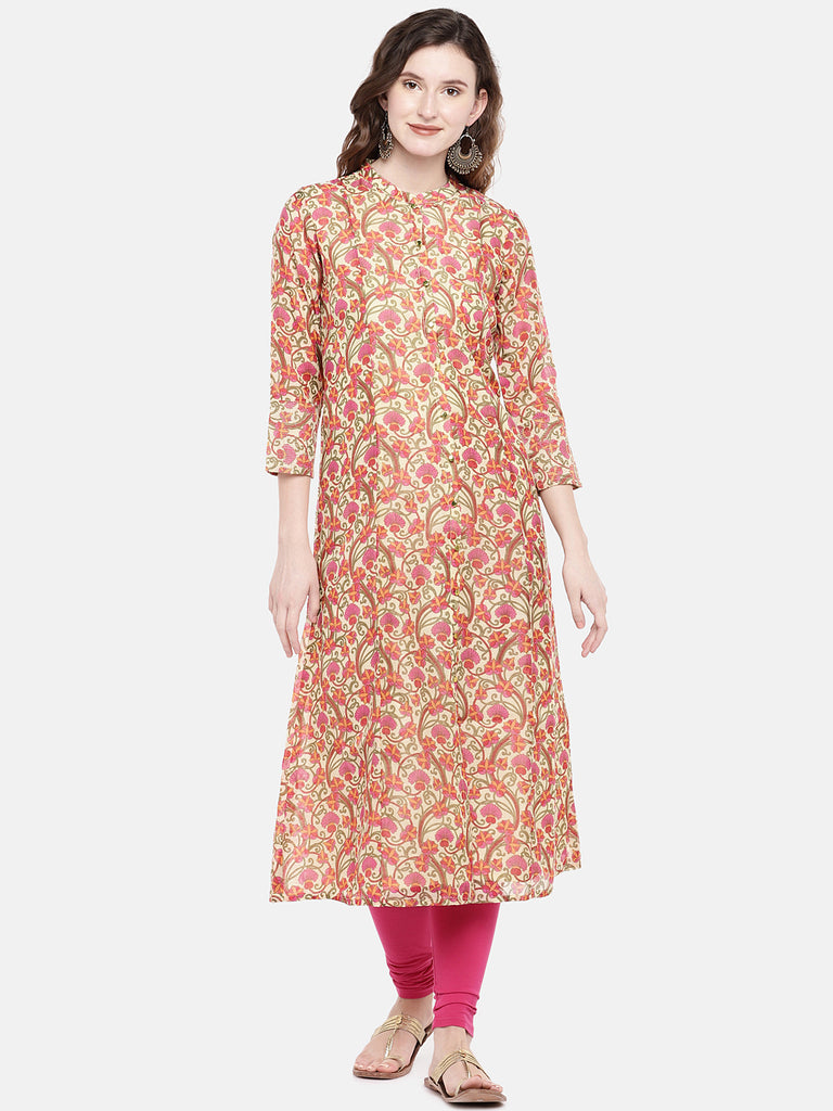 Women Flared Three-Fourth Beige Kurta