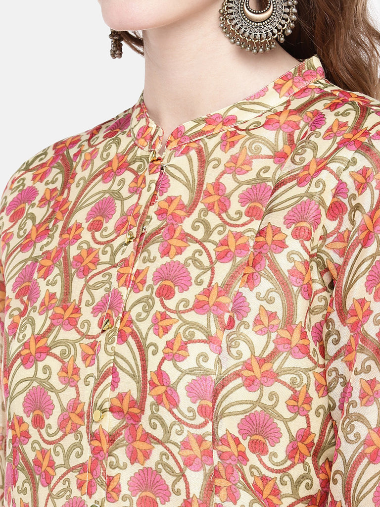 Women Flared Three-Fourth Beige Kurta