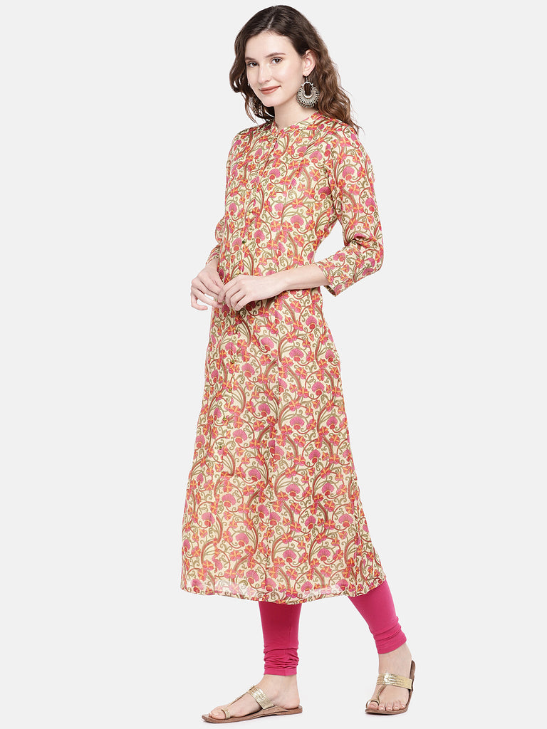 Women Flared Three-Fourth Beige Kurta