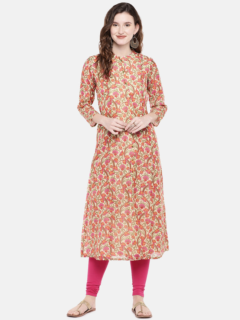 Women Flared Three-Fourth Beige Kurta