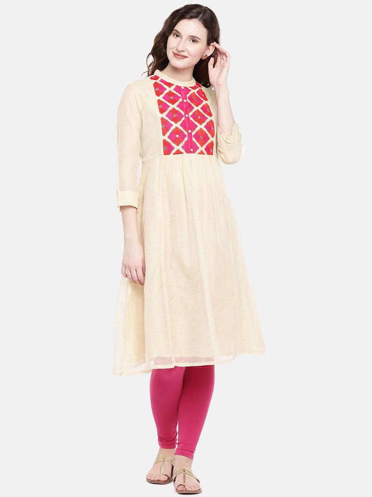 Women A Line Three-Fourth Beige Kurta