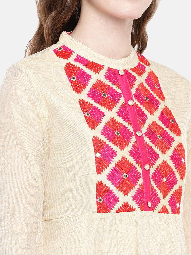 Women A Line Three-Fourth Beige Kurta