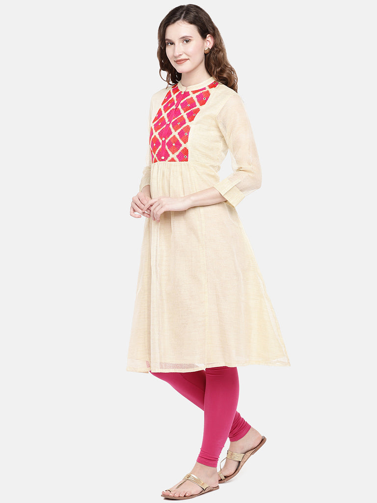 Women A Line Three-Fourth Beige Kurta