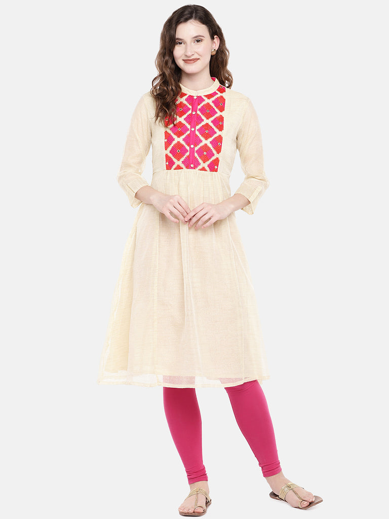 Women A Line Three-Fourth Beige Kurta