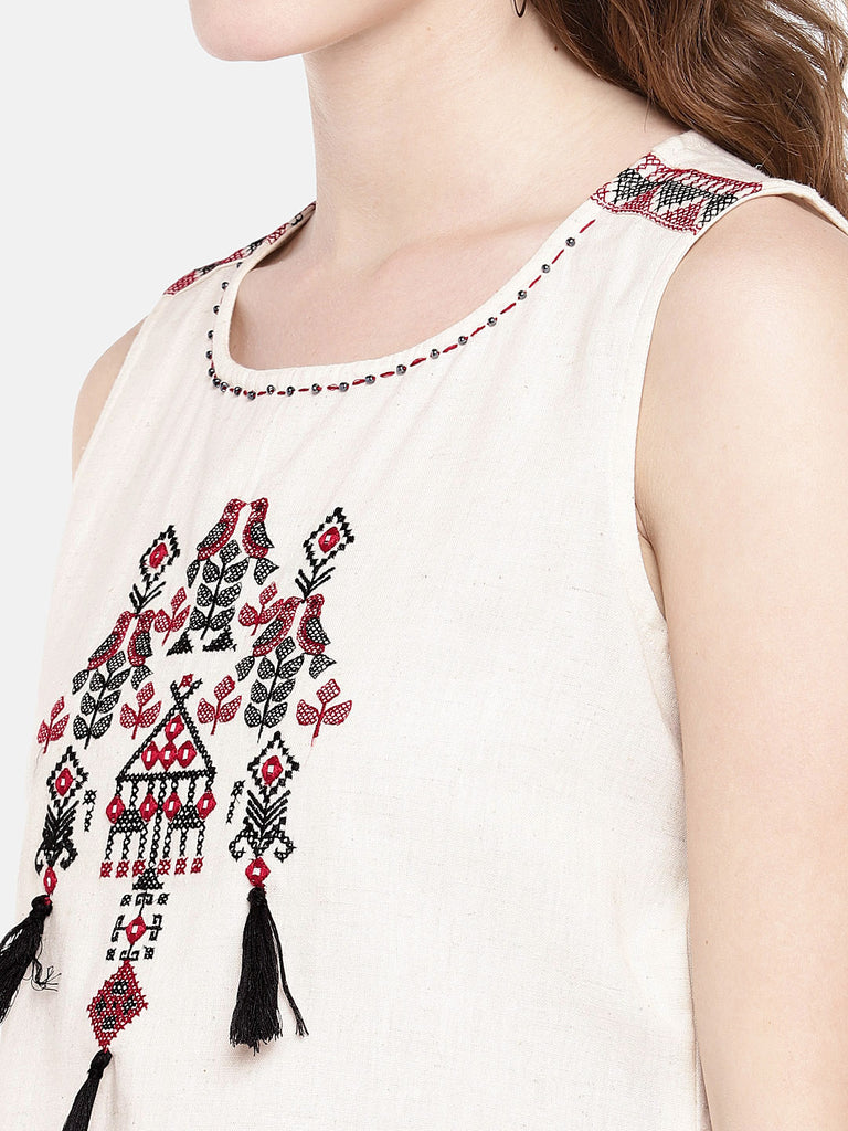 Women Straight Sleeveless Ecru Top