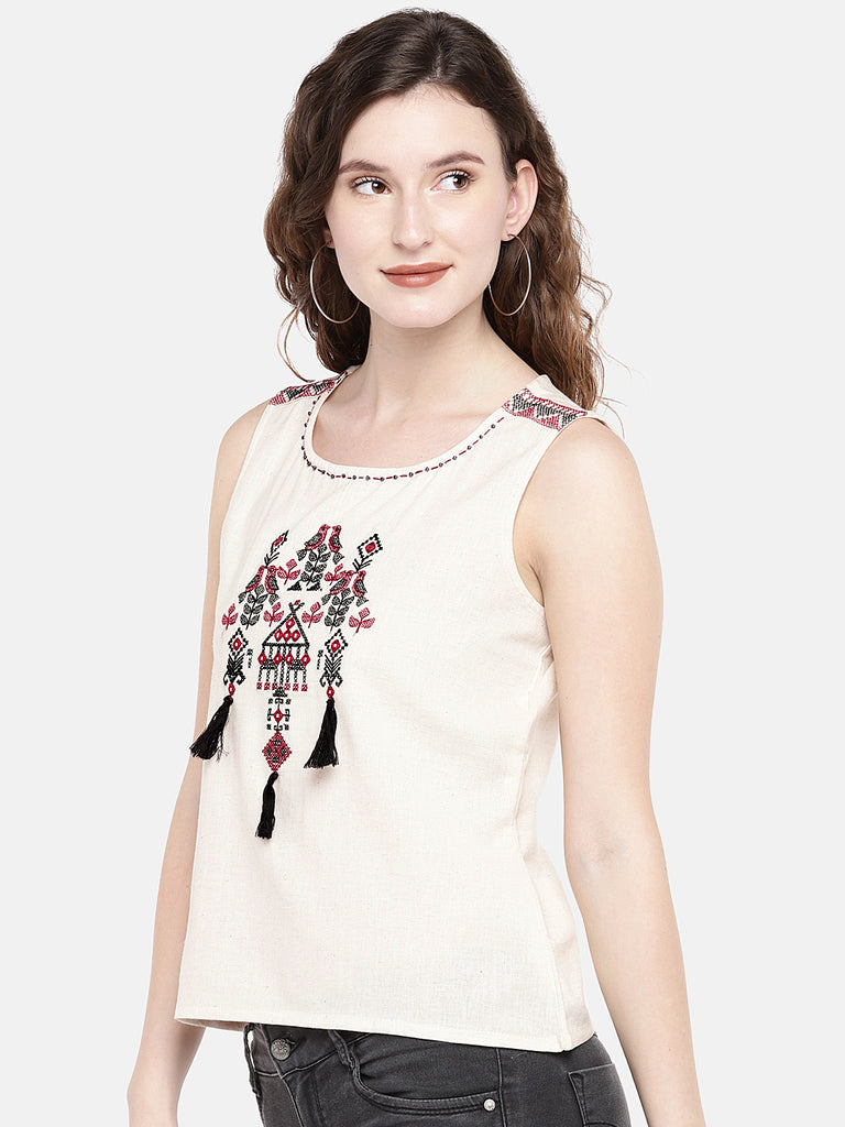 Women Straight Sleeveless Ecru Top