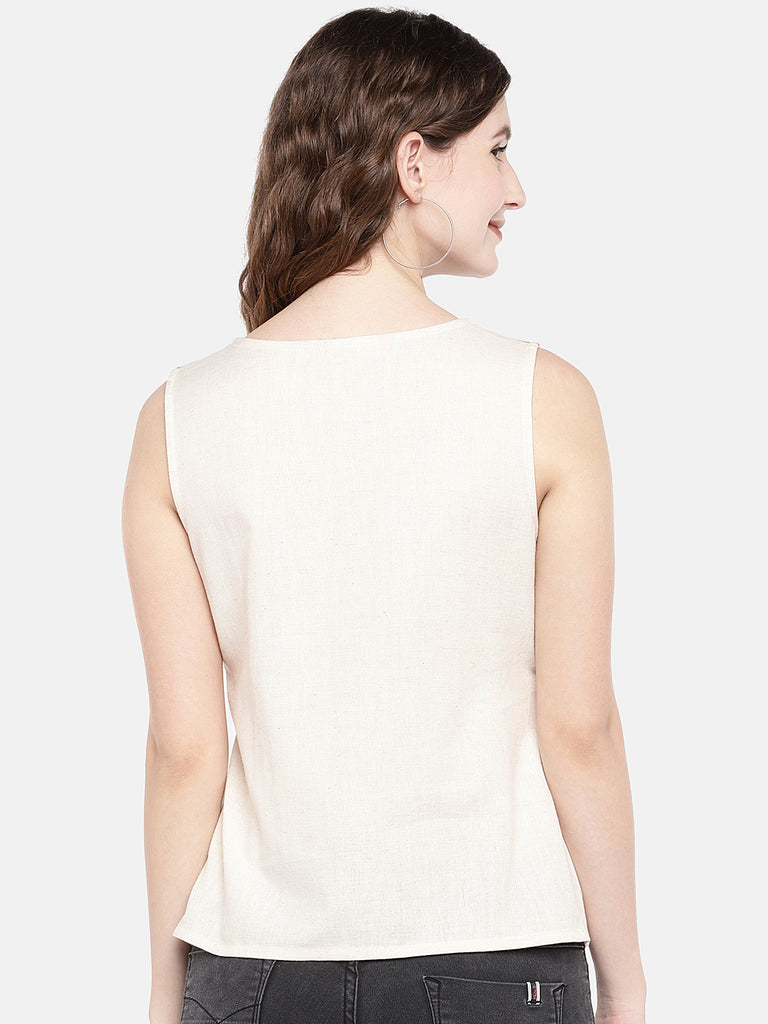Women Straight Sleeveless Ecru Top
