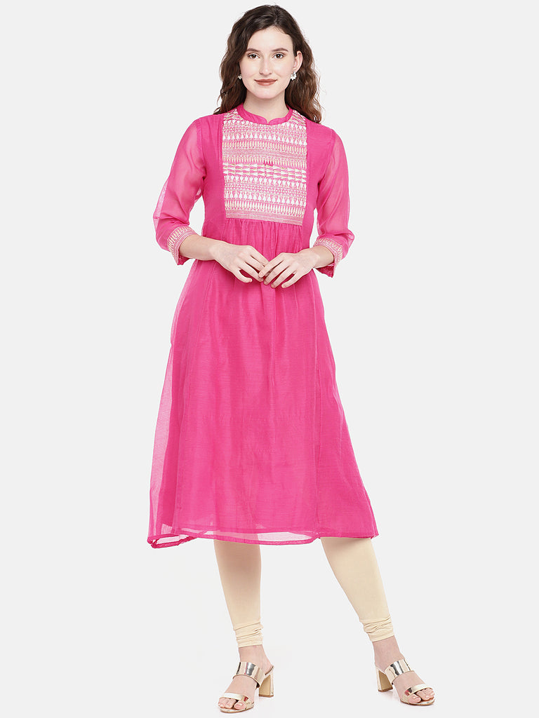 Women A Line Three-Fourth Fuchsia Kurta