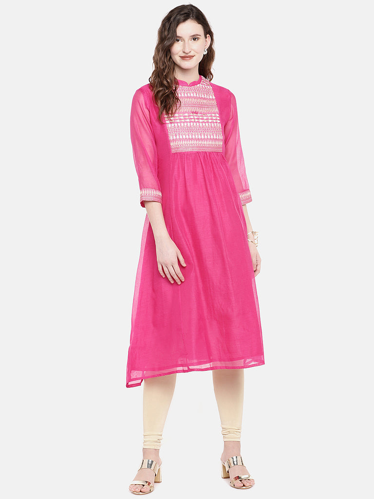 Women A Line Three-Fourth Fuchsia Kurta
