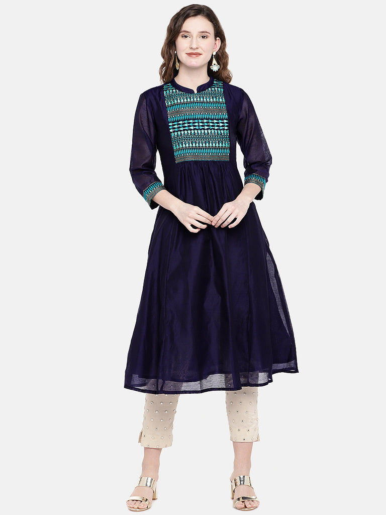 Women A Line Three-Fourth Navy Kurta