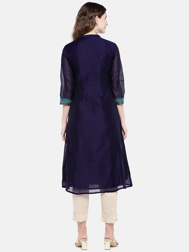 Women A Line Three-Fourth Navy Kurta