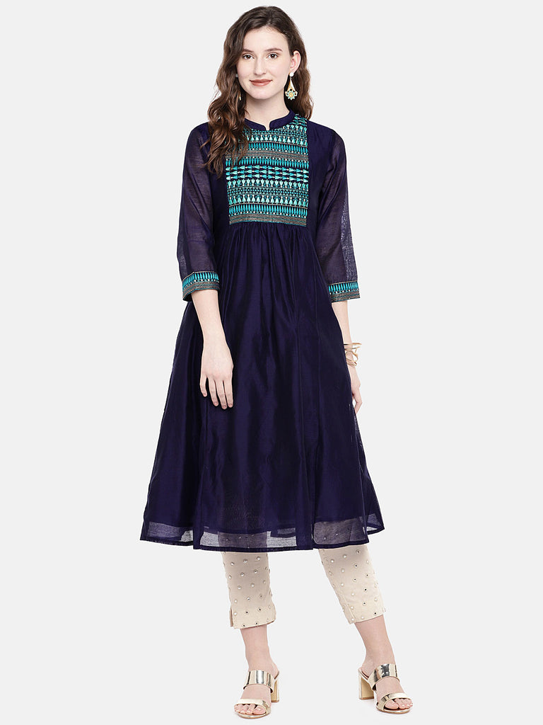 Women A Line Three-Fourth Navy Kurta