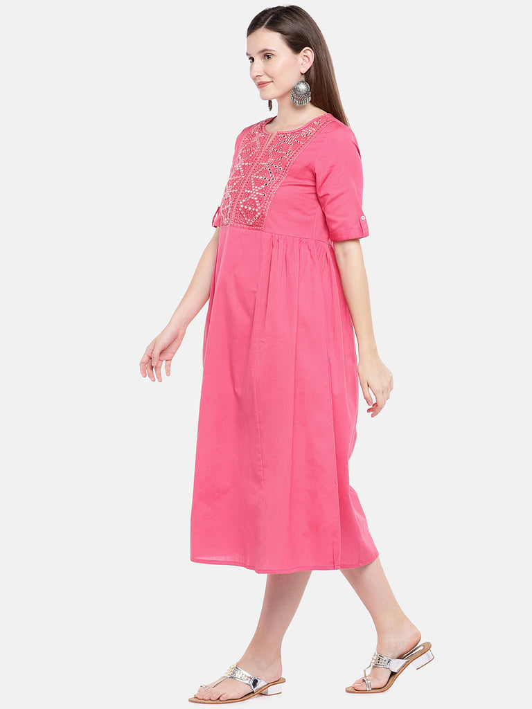 Women Flared Three-Fourth Coral Dress