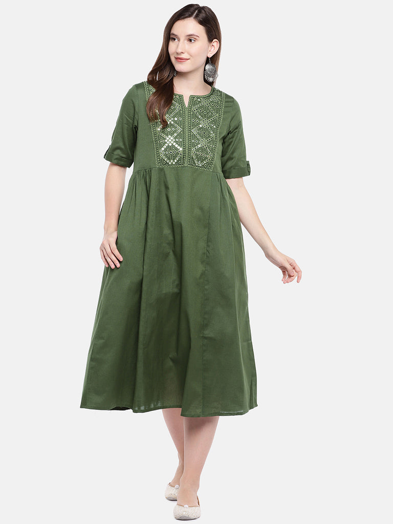 Women Flared Three-Fourth Olive Dress
