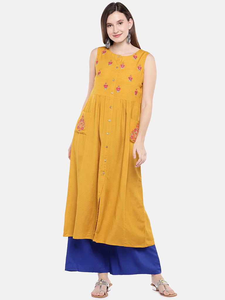 Women Straight Sleeveless Mustard Kurta