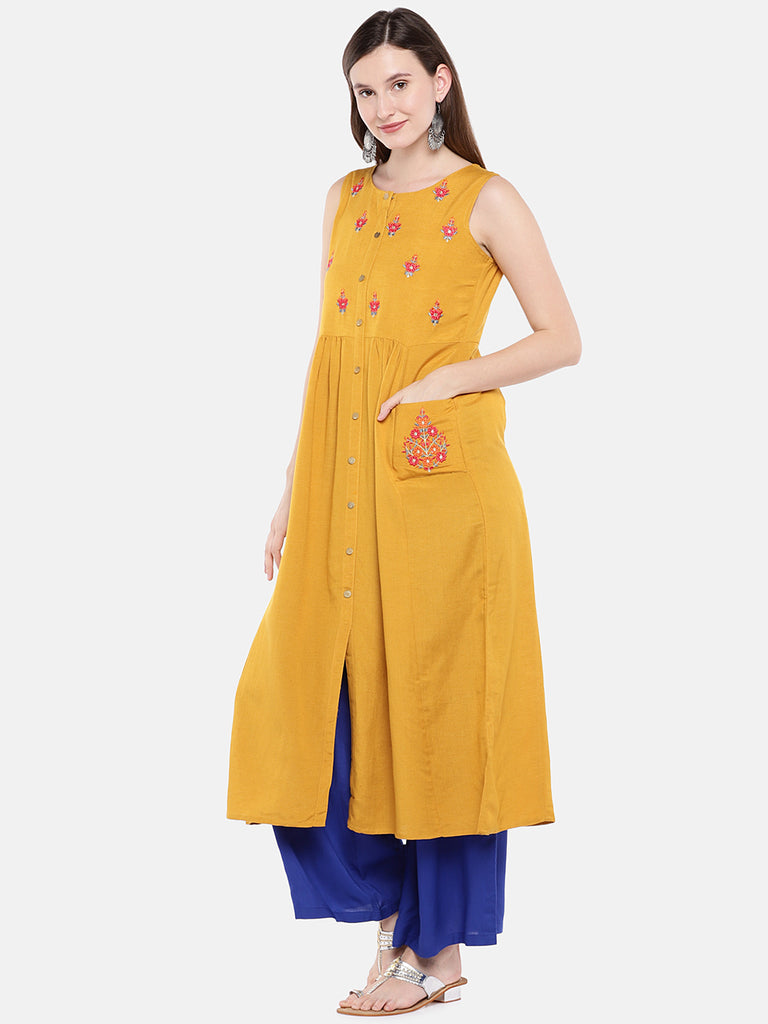 Women Straight Sleeveless Mustard Kurta