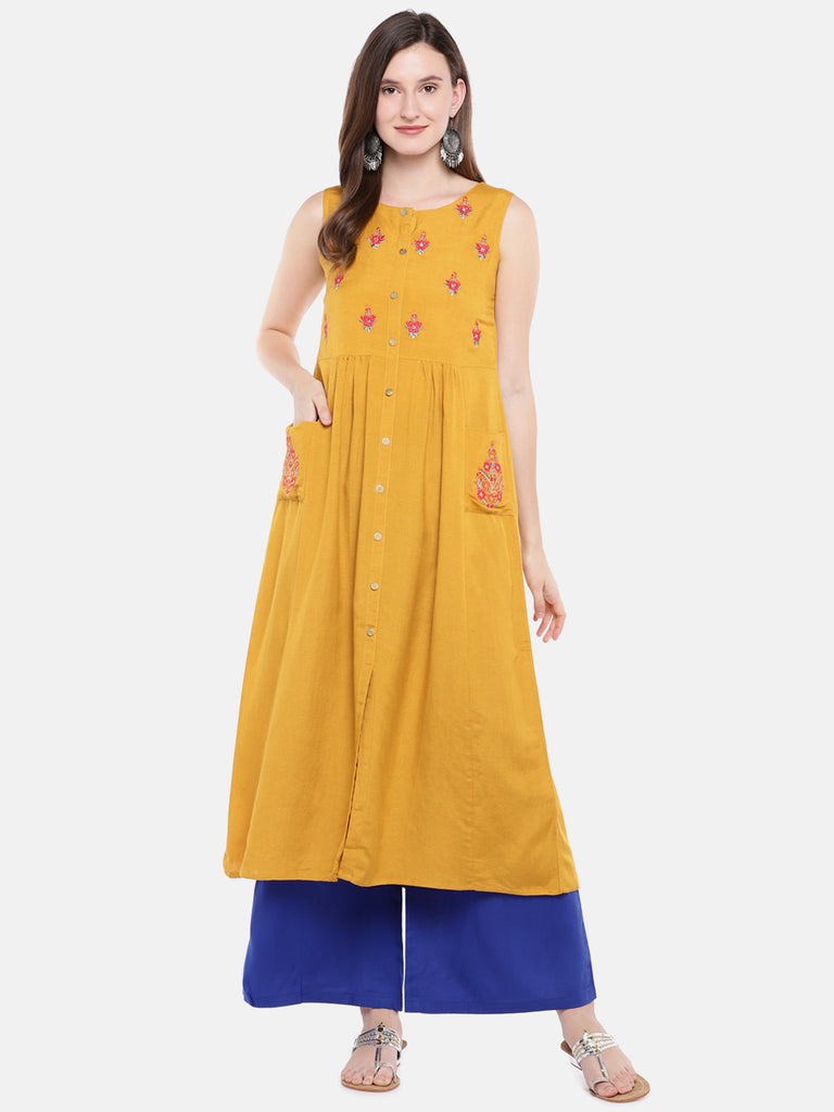 Women Straight Sleeveless Mustard Kurta