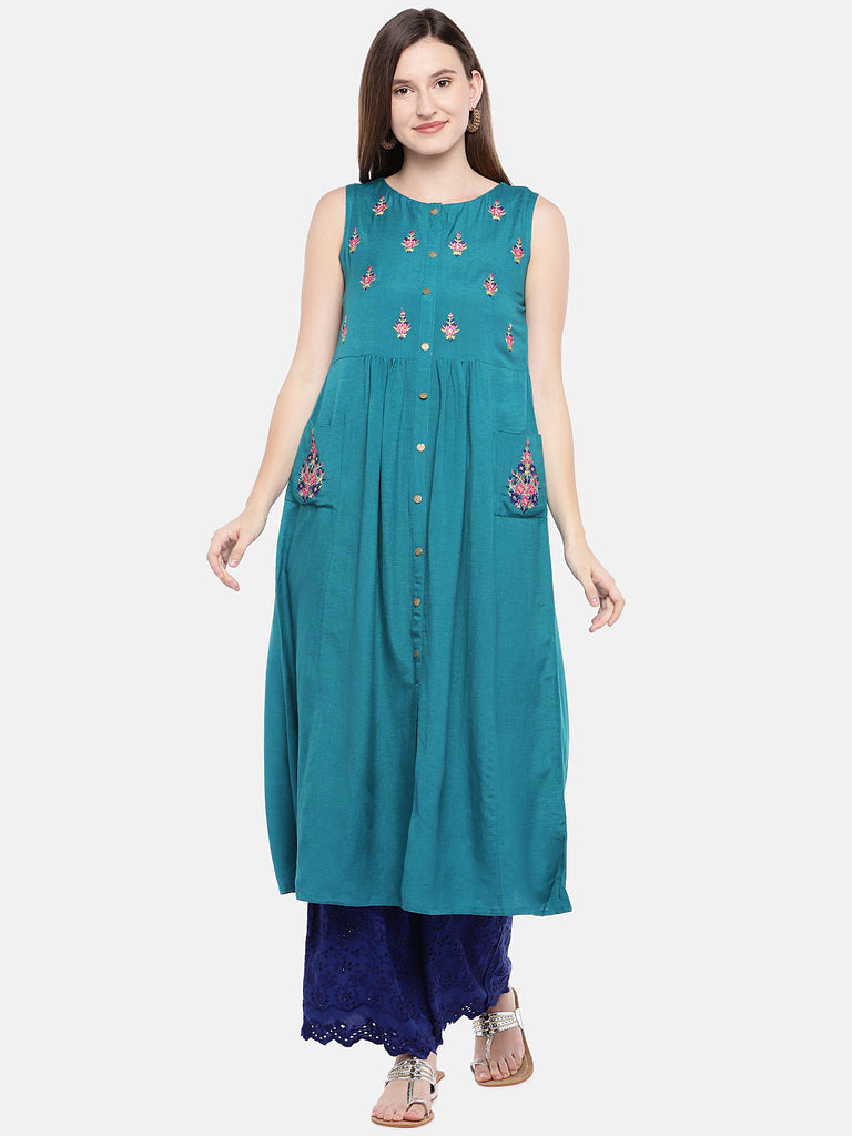 Women Straight Sleeveless Teal Kurta