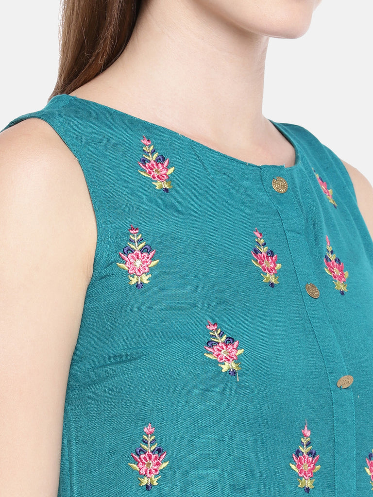 Women Straight Sleeveless Teal Kurta