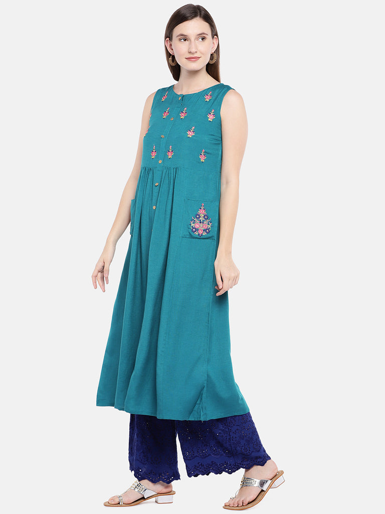 Women Straight Sleeveless Teal Kurta