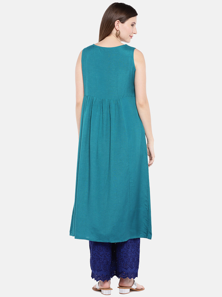 Women Straight Sleeveless Teal Kurta