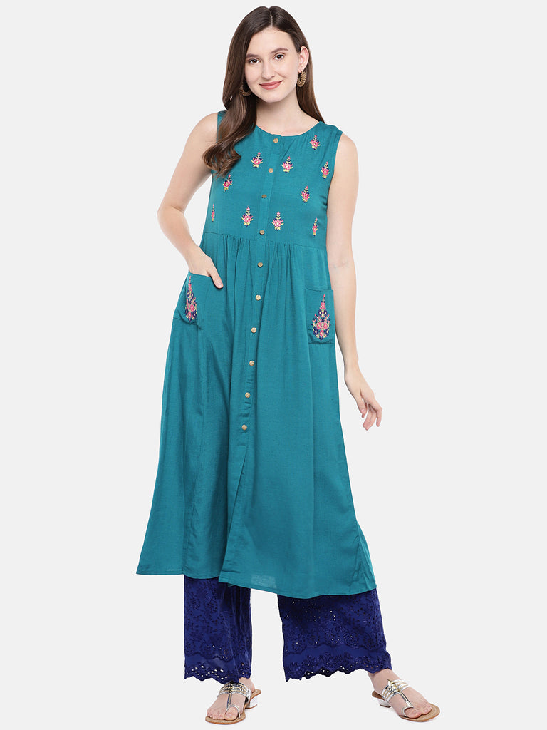 Women Straight Sleeveless Teal Kurta