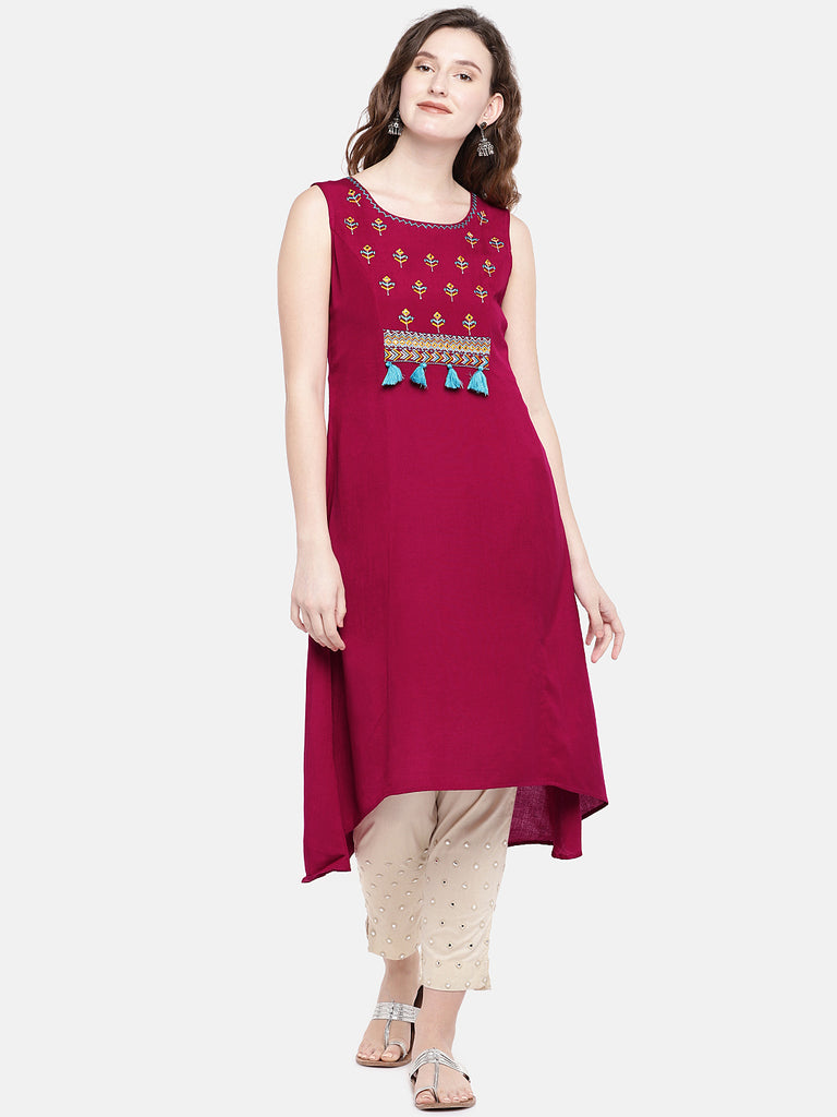 Women High - Low Sleeveless Red Kurta