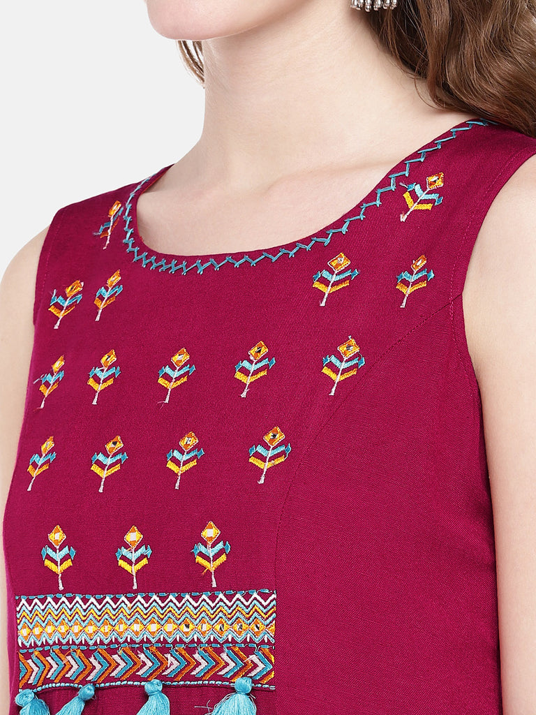 Women High - Low Sleeveless Red Kurta