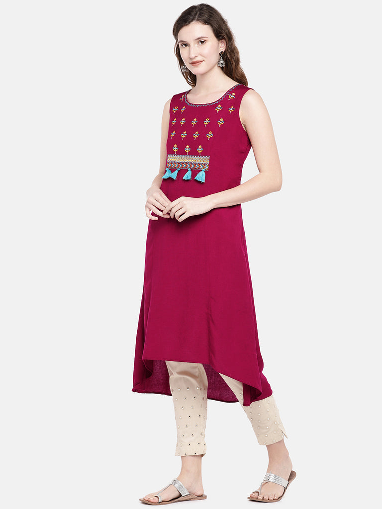 Women High - Low Sleeveless Red Kurta