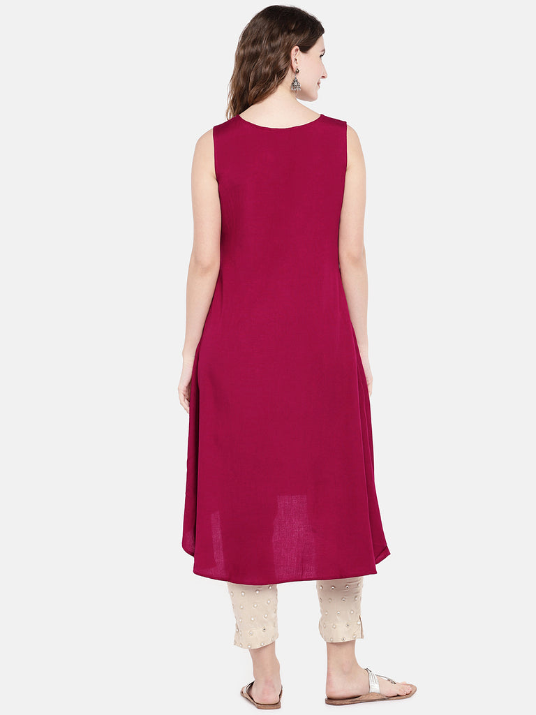 Women High - Low Sleeveless Red Kurta
