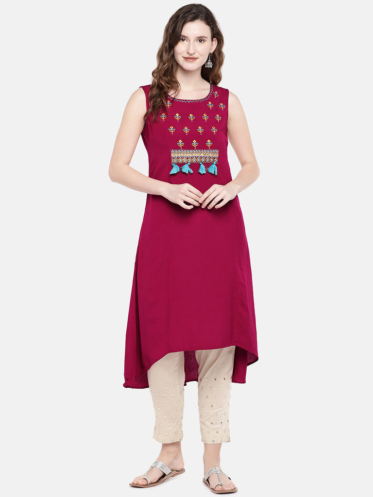 Women High - Low Sleeveless Red Kurta