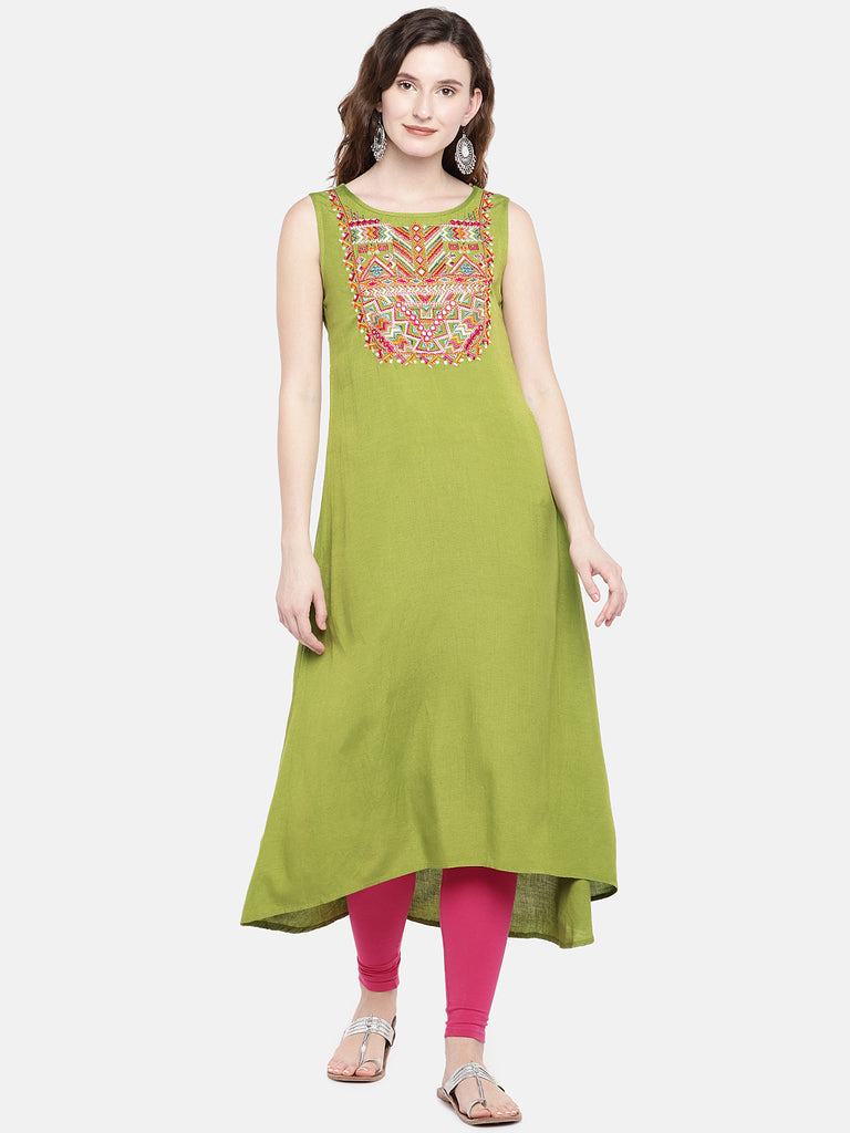 Women A Line Sleeveless Lime Green Kurta