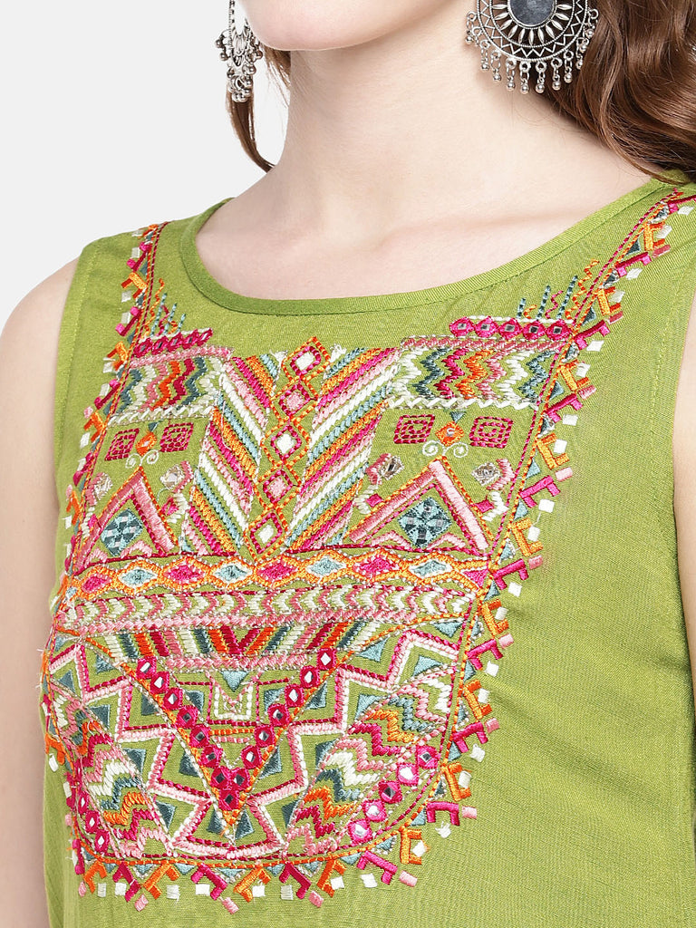 Women A Line Sleeveless Lime Green Kurta