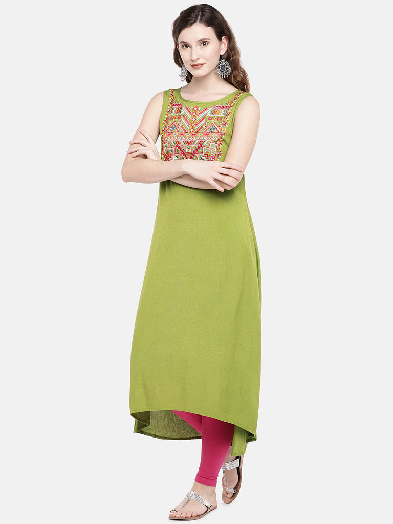 Women A Line Sleeveless Lime Green Kurta
