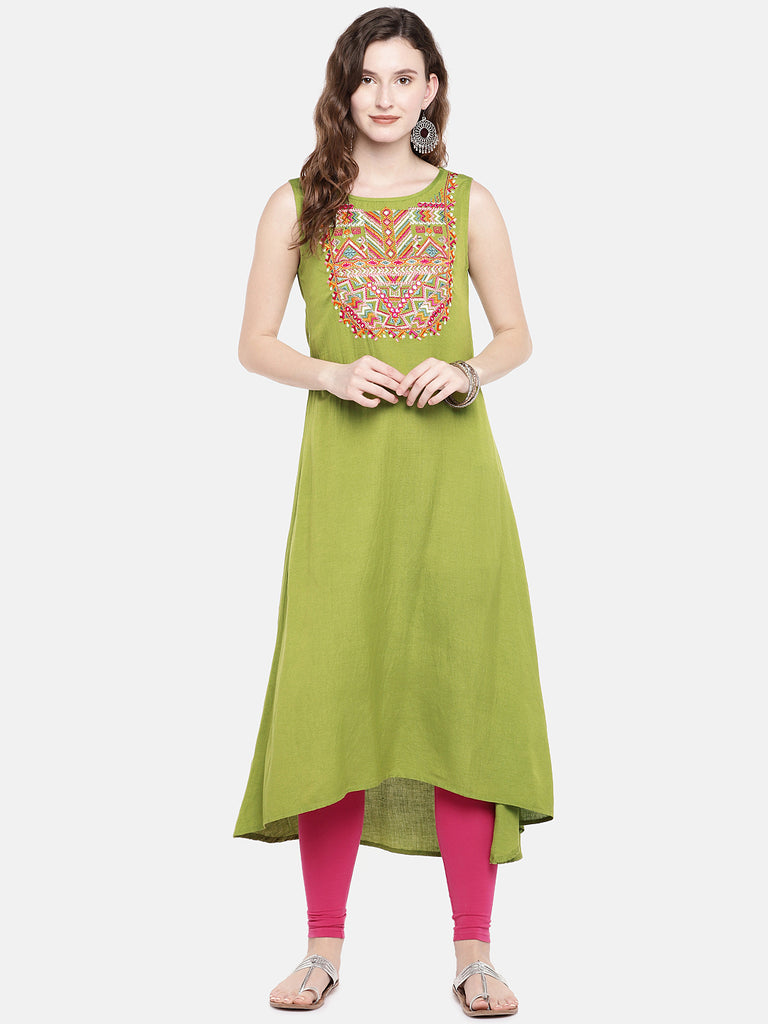 Women A Line Sleeveless Lime Green Kurta