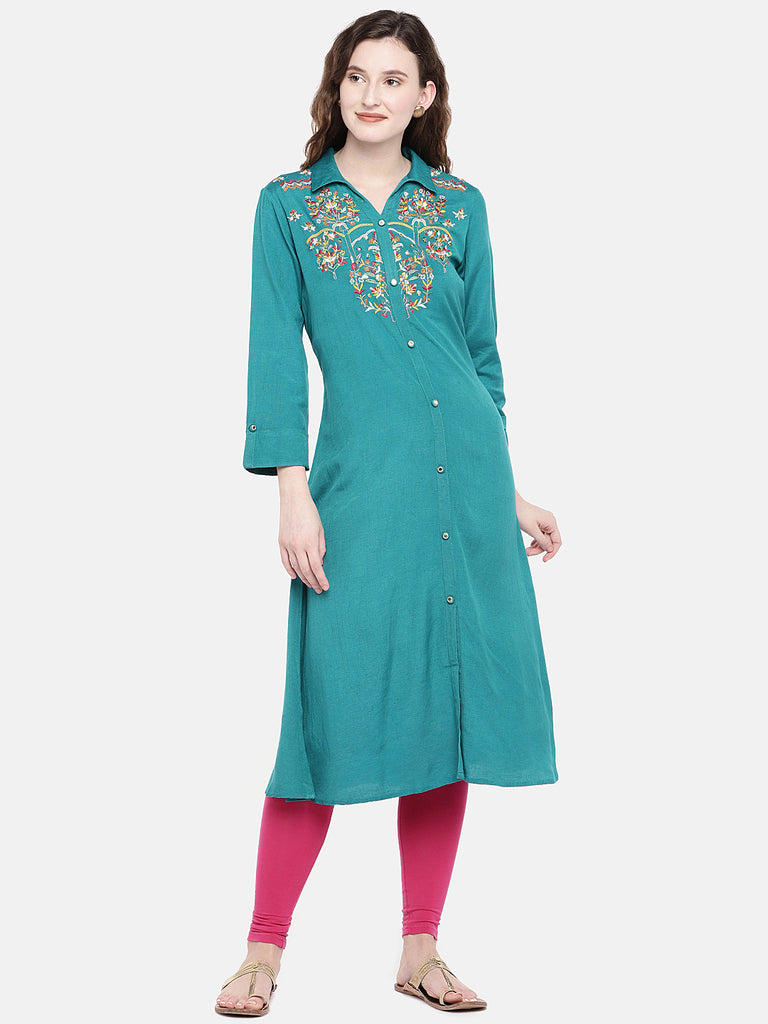 Women A Line Three-Fourth Teal Kurta