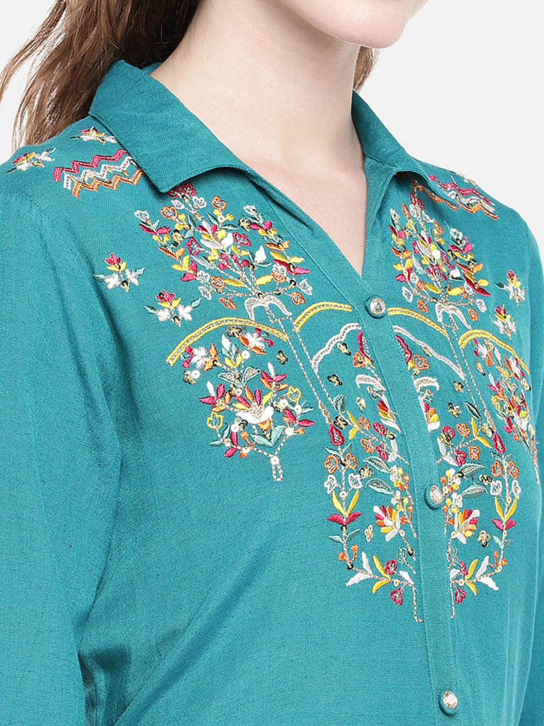 Women A Line Three-Fourth Teal Kurta