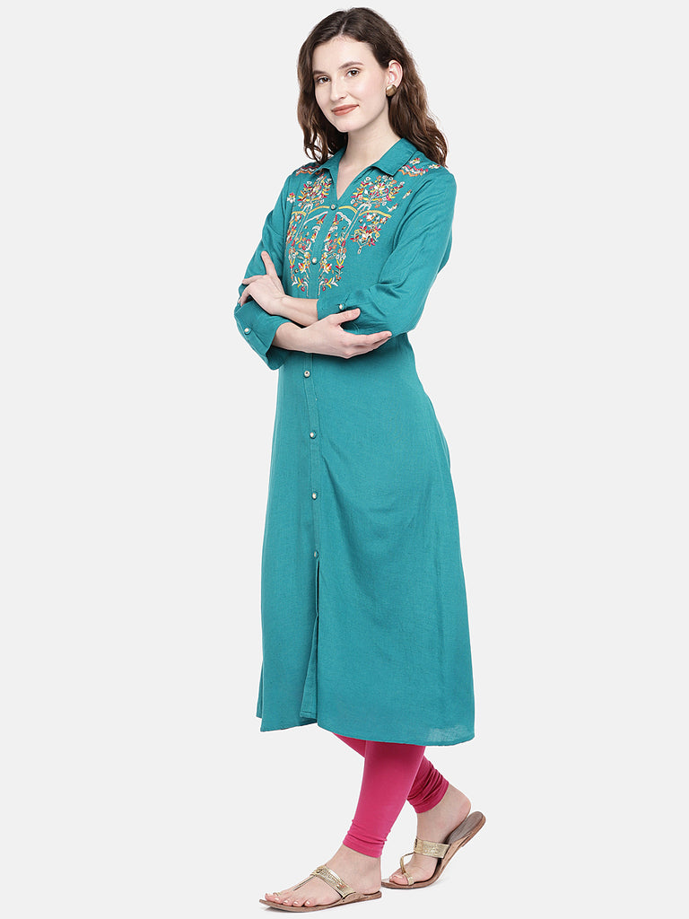 Women A Line Three-Fourth Teal Kurta